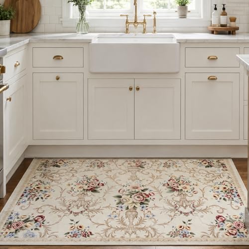 Helthep Washable Vintage Floral Area Rug 8x10, Ultra Soft Faux Wool Low Pile Rug, Non-Slip Backing,Soft Farmhouse Boho Cream Rug for Bedroom Dining Room Home Office, Pet & Kid Friendly - color: White, size: 8' x 10' (Rectangular)
