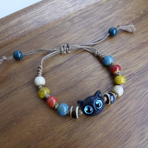Handmade Green Boho Bracelets for Women, Bohemian Ceramic Beads Bracelets for Friends, Trendy Porcelain Stone Beaded Bracelets for Sisters - color: Colorful-Cat