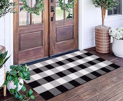 Buffalo Plaid Front Porch Rug 24''x 51''Black and White Checkered Outdoor Rug Cotton Machine Washable Farmhouse Mat for Outdoor, Kitchen, Farmhouse, Entryway,Bathroom - color: Black Buffalo, size: 24''x 51''