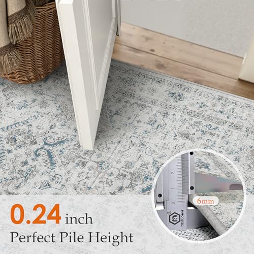PureCozy Blue 2x3 Entryway Rug Vintage Area Carpet Indoor Kitchen Washable Door Mat Entrance Small Low Pile Traditional Distressed Retro Accent Throw Rug Non Slip Office Bathroom - color: Neutral Blue, size: 2' x 3' (Rectangular)