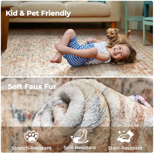 Kokia Washable Area Rugs 9x12 Living Room Boho Non Slip Thin Carpet Stain Resistant Vintage Orange Printed Oriental Distressed Rug for Bedroom Low Pile - color: 02/Orange/Cream/Affogato/Gray, size: 9' x 12' (Rectangular)