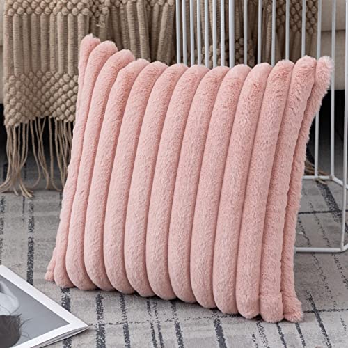 ZLINA Set of 2 Baby Pink Faux Fur Decorative Throw Pillow Covers Fluffy Striped Pillowcase Cushion Covers 18 x 18 Inch Decor Sofa Couch Bedroom - color: Baby Pink, size: 18" x 18" (Pack of 2)