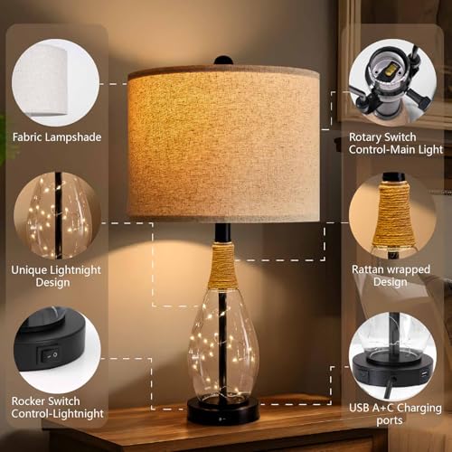OYEARS 23" Table Lamps for Living Room Set of 2 Bedside Lamps for Night Stands Bedroom Lamps Farmhouse Rattan Boho Lamp Glass Nightlight End Table Lamp with USB C+A (Black),Two Light Points - color: Farmhouse Black