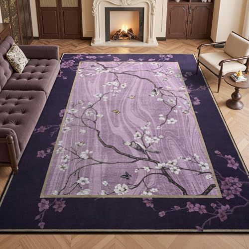 4x6 Area Rug for Living Room, Oriental Floral Birds Washable Rugs for Bedroom, Soft Low Pile Non Slip Carpet for Dining Room Kids Room Nursery Office Home Decor, Purple - color: Purple, size: 4' x 6' (Rectangular)