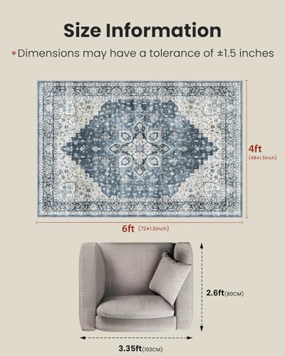 AMADA HOMEFURNISHING 4x6 Washable Area Rug, Low-Profile Entryway Rug with Non-Slip Backing & Durable Edge Binding, Vintage Rugs for Bedroom, Entryway & Kitchen - color: Blue, size: 4' x 6' (Rectangular)