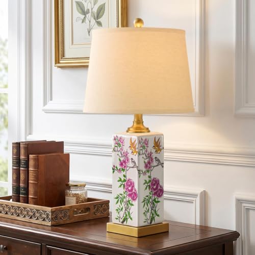 24.75" Mid Century Modern Lamp Set of 2,Vintage Farmhouse Chinoiserie Ceramic Table Lamps,Floral & Bird Pattern Bedside Lamps for Bedroom Living Room Nightstand Side Table,White & Gold - style: Floral & Bird Print