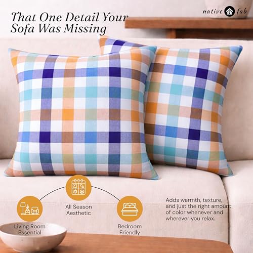 Native Fab Throw Pillow Covers 2 Pack, 16x16 Inches, 100% Cotton, Summer Plaid Design, Bright Decorative Square Cushion Cases, Cheerful Decor for Sunroom, Sofa, Couch, Riviera Blue & Sunflower - color: Gingham Riviera Blue & Sunflower Plaid, size: 16" x 1
