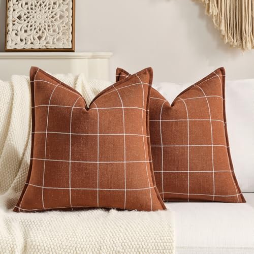 Rustic Farmhouse Decor Terracotta Plaid Throw Pillow Cushion Covers 18x18 Set of 2, Boho Decor Rust Decorative Throw Pillows 18 x 18, Burnt Orange Chenille Pillow Covers For Sofa and Couch - color: Terracotta Plaid Set of 2, size: 18" x 18" (Pack of 2)