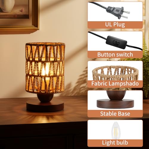 Handmade Rattan Lamp Farmhouse Table Lamp for Bedroom, Rustic Woven Lamps for Night Stands with Warm White LED Bulb, Boho-Inspired Boho Lamp for Living Room Kitchen Nook, 12cm Shade 20cm Height - color: Farmhouse