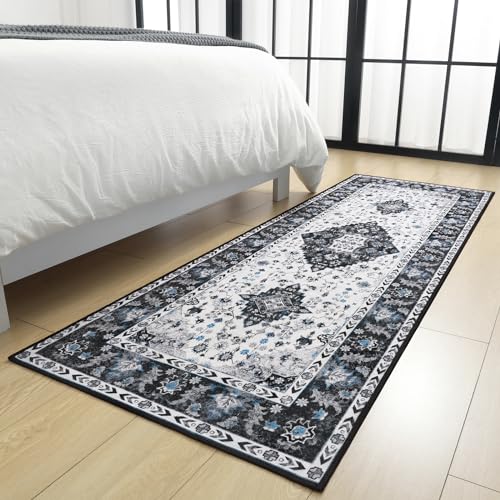 Amearea Vintage Design Runner Rugs for Living Room, 2x6 Machine Washable Floral Collection Traditional Bedroom Rug, Low Pile Cute Kids Room Print Carpet, No Slip Office Kitchen Home Decor, Black - color: Black, size: 2' X 6' (Runner)