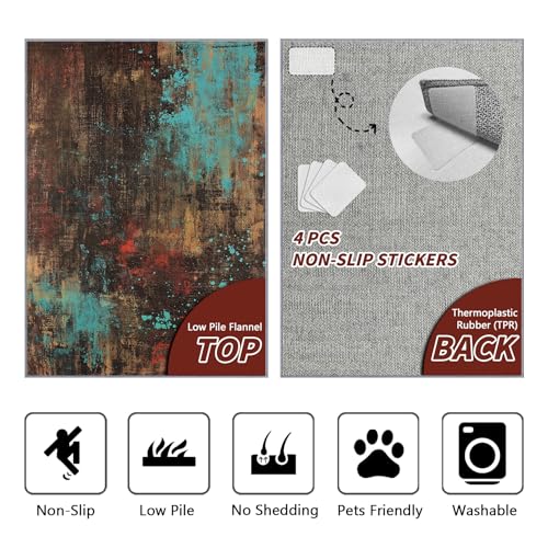 COLORCITY Distressed Rug 5x7 - Abstract Retro Rust Area Rugs for Living Room Bedroom, Contemporary Art Machine Washable | Non-Slip | Soft Large Carpets, Abstract Home Decor, (Brown Turquoise Red) - color: Brown Turquoise Red, size: 5' x 7' (Rectangular)