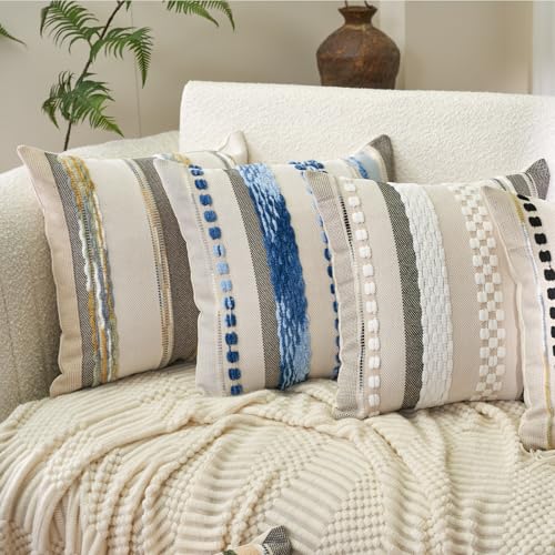 Aeckself Boho Throw Pillow Covers 18x18 Inch Set of 2, Farmhouse Decorative Striped Square Pillow Covers Chenille Tufted Pillow Cases Accent Neutral Pillowcase for Living Room Couch Bed, Yellow-Gray - color: Yellow