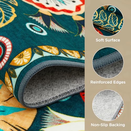 Joydeco Egypt Floral Machine Washable Living Room Area Rugs 5x7, Boho Vintage Dark Green Rug for Bedroom Nursery, Non Slip Ultra-Thin Throw Carpet for Playroom Dining Room Classroom - color: Dark Green, size: 5' x 7' (Rectangular)