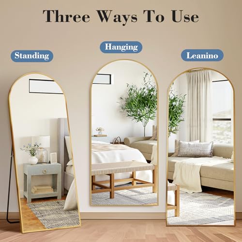 DUMOS Arched Full Length Mirror, 56"x21" Full Body Floor Standing Mirror with Aluminum Frame and Shatter Proorf Nano Glass, Modern Wall Hanging Leaning for Living Room, Home Decor, Gold - color: Gold-rounded, size: 56"L x 21"W