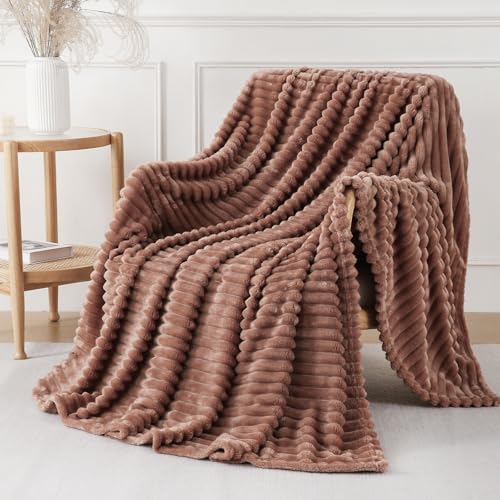 Chocolate Throw Blanket for Couch Sofa 90x90 inches Striped Fleece Blankets Room Home Decor Lightweight Plush Soft Cozy Gifts for Women Mom Girls - color: Chocolate, size: Queen(90"x90")