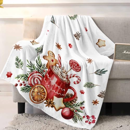 Christmas Throw Blankets, Gingerbread Candy Cane Soft Fleece Blanket Decorative for Home Sofa Couch Chair Living Bedroom Dorm,40x50 Inches, Hot Cocoa Holly Xmas Ball - color: Christmas-hot Cocoa, size: 40x50 Inch
