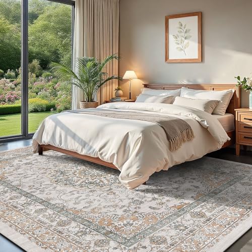 Farmhouse Washable Neutral Area Rugs for Living Room Bedroom Nursery, 8x10 Floral Dining Room Rug Under Table- Oriental Medallion Non Slip & Stain Resistant Carpet, Soft Vintage Mat(Beige & Orange) - color: Beige/Orange/Grey, size: 8' x 10' (Rectangular)