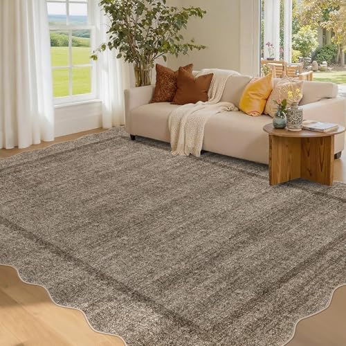 GarveeHome Scalloped Living Room Rug 5x7 Area Rug Washable Area Rug for Bedroom Modern Traditional Kids Rug Non Slip Throw Rugs Soft Low Pile Stain Resistant Carpet for Dining Room 5 ft x7 ft Taupe - color: Taupe, size: 5' x 7' (Rectangular)