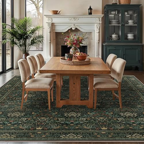 8x10 Floral Washable Area Rug for Living Room, Vintage Boho Rug for Bedroom Dining Room， Distressed Botanical Birds Non Slip Low Pile Forest Animal Throw Carpet for Farmhouse Office, Dark Green - color: Dark Green, size: 8' x 10' (Rectangular)
