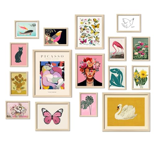 16 PCS Framed Eclectic Wall Art Decor, Modern Maximalist Home Gallery Wall Frame Set Prints for Bedroom Bathroom, Posters for Living Room Aesthetic, Colorful Dorm Artwork Collage Kit Pictures - color: Eclectic Multi, size: 12"x15" Framed