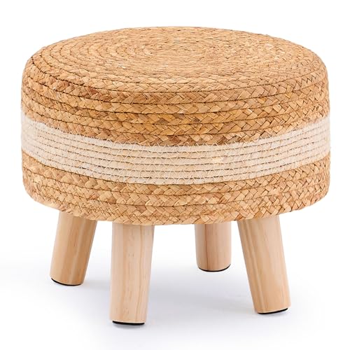 Handwoven Round Ottoman, Natural Water Hyacinth Outdoor Patio Pouf Seagrass Low Stool with Wood Legs, Soft Padded Footrest for Living Room Bedroom Garden, White - color: White, size: 13"D x 13"W x 10.6"H