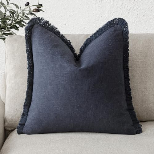 Foindtower Decorative Linen Fringe Throw Pillow Covers Cozy Boho Farmhouse Cushion Cover with Tassels Soft Accent Pillowcase for Chair Sofa Bed Living Room Home Decor, 16×16 Inch, 1PC, Navy Blue - color: Navy Blue, size: 16" x 16" (Pack of 1)