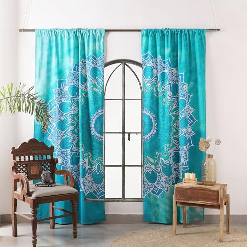 Popular Handicrafts Teal Hippie Mandala Ombre Curtains 83 Inch Length for Living Room Bedroom 2 Panels Set Light Filtering Semi Sheer Window Curtains 76 Inch Width Boho Farmhouse Drapes W76xL83 - color: Teal, size: 38"W x 83"L (Pack of 2)