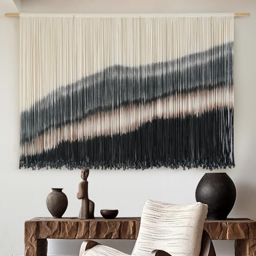 Jakalin Large Macrame Wall Hanging Dip Dyed Boho Wall Decor For Living Room Bedroom Entryway 57" Wx35 L Modern Fiber Yarn Wall Art Handmade Black Home Decor - color: Black