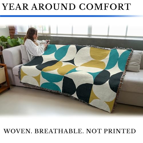Pure Country Weavers Bauhaus Shapes Blue and Gold Blanket - Mid Century Modern - Gift Tapestry Throw Woven from Cotton - Made in The USA (72x54) - color: Bauhaus Shapes Blue and Gold, size: 72x54