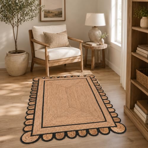 Braided Scalloped Jute Rug Natural with Black Trim, Handmade Farmhouse Boho Area Rug for Entryway, Kitchen, Hallway, Living Room, Bedroom, Rustic Woven Floor Rug - (Black- 4X6 ft) - size: 4' x 6' (Rectangular)