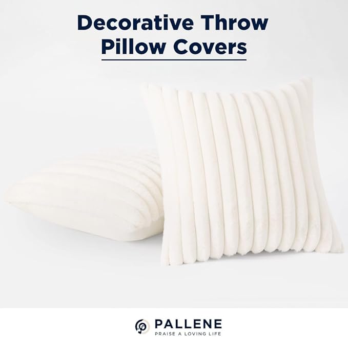 Pallene Faux Fur Plush Spring Throw Pillow Covers 24x24 Set of 2, Luxury Soft Fluffy Striped Decorative Pillow Covers for Sofa, Couch, Living Room, Cream White