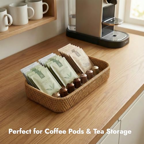 9.8" x 5.3" Rattan Tray, Wicker Decorative Tray, Woven Tray Rectangular, Natural Vanity Tray, Catchall Organizer Storage for Bathroom Kitchen Counter Entryway Coffee Bar Nightstand (Rectangular S) - color: Natural S (9.8×5.3×1.5")