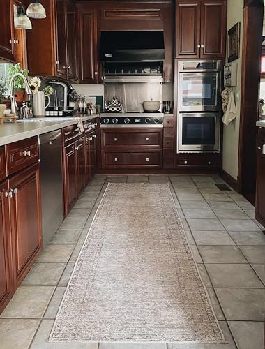 Hauteloom Wentworth Collection Antebi - Machine Washable Oriental Hallway, Entryway, Kitchen Runner Rug - Neutral Vintage Distressed Boho Style - Beige, Brown, Cream - 2'7"x7'3" - color: Beige, Slate Blue, Cream / Holli, size: 2'7" x 7'3" (Runner)