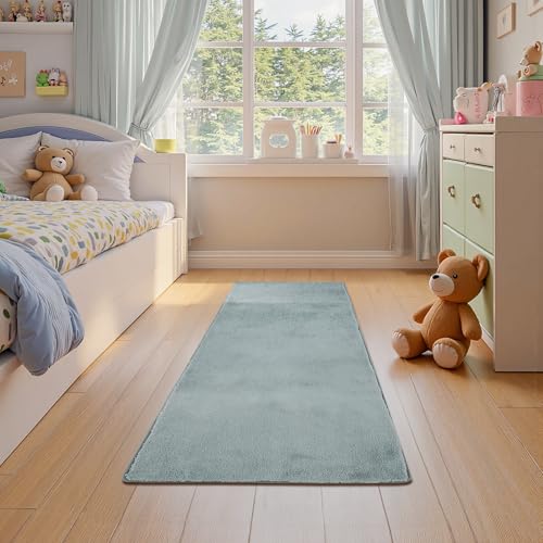 jinchan Solid Plush Runner Rug 2x5 Performance Shaggy Washable Hallway Rug Soft Modern Faux Wool Cozy Non Slip Carpet for Bedroom Laundry Room Living Room Kids Nursery Slate Blue - color: Solid Slate Blue, size: 2' x 5' (Runner)