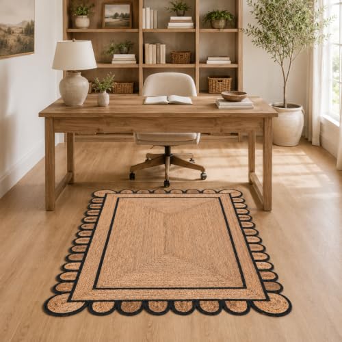 Braided Scalloped Jute Rug Natural with Black Trim, Handmade Farmhouse Boho Area Rug for Entryway, Kitchen, Hallway, Living Room, Bedroom, Rustic Woven Floor Rug - (Black- 4X6 ft) - size: 4' x 6' (Rectangular)