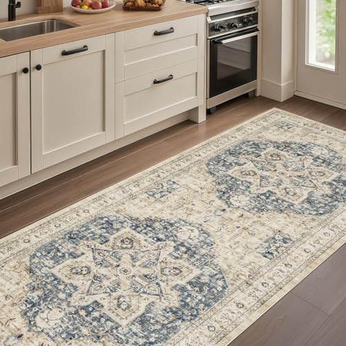 Tortania Area Rug 2x6 Runner Rugs - Washable Vintage Oriental Farmhouse Thin Indoor Carpet for Living Room Bedroom Hallway Entryway Kitchen Under Dining Table Home Office - Cream/Blue - color: Cream/Blue, size: 2' x 6' (Runner)