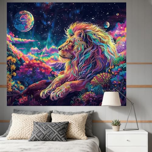 CRAFTYMELODY Lion Blacklight Tapestry Glow in the Dark Tapestry UV Reactive Moon Colorful Wall Hanging 59×51 Inch with Hook Self Adhesive Sticker Clip for Bedroom Home Wall Decoration - color: Lion
