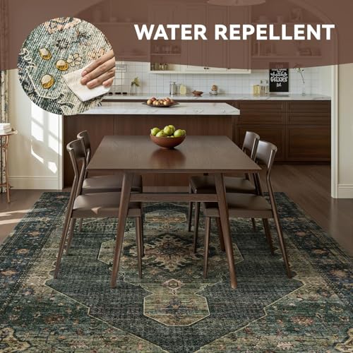 Engiw Olive Green 8x10 Area Rugs for Living Room Bedroom Rug Washable Vintage Neutral Farmhouse Rug Carpet Dining Room Rugs Office Retro Oriental Easy Clean Non Slip Large - color: Dark Green/Olive, size: 8' x 10' (Rectangular)