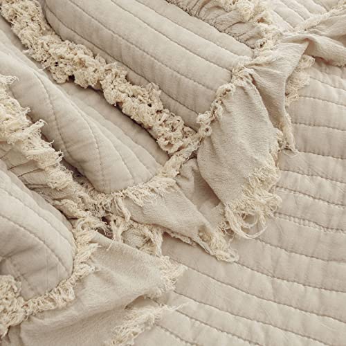 Ultra Soft Pre-Washed Quilted Boho Throw Blanket, Ruffle Fringed Beige Decorative Throw, Stone Washed Chic Rustic Blanket for Sofa Couch Bed Chair, 50"x 60" - color: Beige, size: 50"x60"