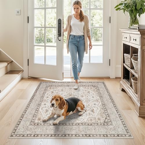 4x4 Rug Square Washable for Entryway: Oriental Area Rugs for Kitchen- Ultra Thin Low Pile Stain Resistant Carpet - Home Decor for Vintage Style Lover Pet Owner - 4' Square Ivory - color: Ivory, size: 4' x 4' (Square)