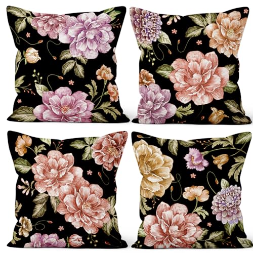 Black Flower Throw Pillow Covers,Vintage Floral Decorative Velvet Pillow case,Gothic Flowers Pattern 4-Pack Double-Side Printed Pillowcases for Sofa Home Living Room, 16x16 in - color: Black, size: 16" x 16" (Pack of 4)