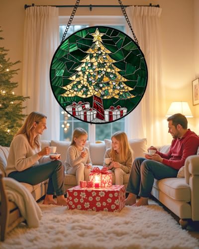 Stained Glass Window Hanging - Gold Green Christmas Tree Suncatcher for Doors Home Christmas Decoration Winter Sun Catcher Thanksgiving New Year Birthday Gifts for Women Men Mom Nana 6.3 in - color: Green and Gold, size: 6.3x6.3 IN