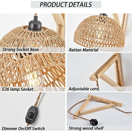 KAMTAT Boho Rattan Wall Sconce Plug in Hanging lamp Hand Woven Plug in Wall Sconces Rattan Rope Wall Light Farmhouse Wall Mounted Light Boho Wall Sconces Wall Lighting for Bedroom Living Room(1PK)