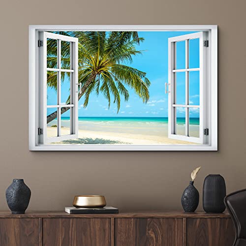 wall26 Canvas Print Wall Art Window View Tropical Palm Tree Beach Island Paradise Wilderness Nature Photography Realism Scenic Landscape Colorful Multicolor for Living Room, Bedroom, Office - 12"x18" - color: A001-2204-est01, size: 18"L x 12"W