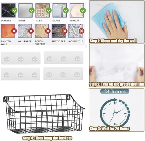 Sonyabecca 4 Pack Hanging Wall Basket for Organizing, Large Wire Basket for Storage Pantry with 5 S Hook+4 Adhesive Hook, Wall Mounted Shelf for Kitchen Bathroom - size: 13"L x 6.3"W x 6.02"H-4Pack
