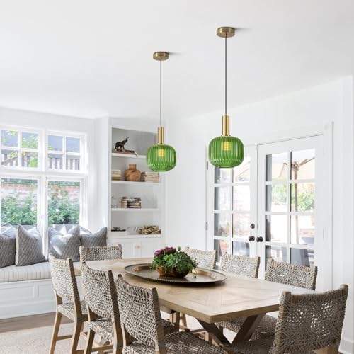 BOKT Mid Century Green Glass Pendant Lights 2-Light Mini Globe Ceiling Pendant Light Ribbed Glass Pendant Light Gold Finish Hanging Light Fixture for Kitchen Island Foyer - color: Green-2 Pack