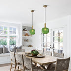 BOKT Mid Century Green Glass Pendant Lights 2-Light Mini Globe Ceiling Pendant Light Ribbed Glass Pendant Light Gold Finish Hanging Light Fixture for Kitchen Island Foyer - color: Green-2 Pack