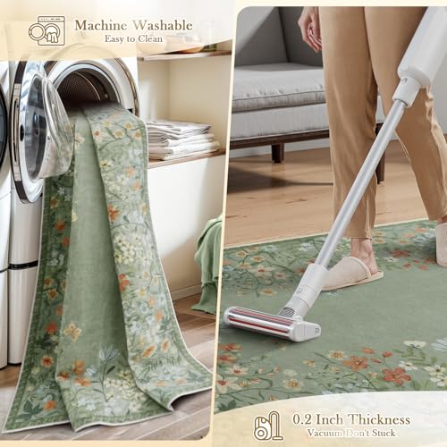 Wonnitar 2x3 Washable Area Rug, Green Floral Entryway Rug, Boho Small Non Slip Rug for Bathroom, Soft Kitchen Accent Carpet, Ultra Thin Bedside Laundry Decor (2x3 Green) - color: Green, size: 2' x 3' (Rectangular)