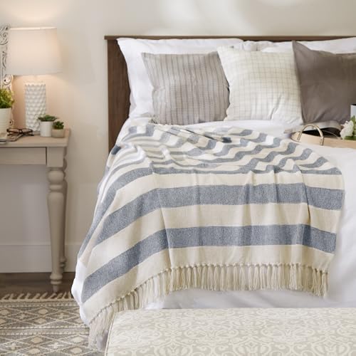 DII Rustic Farmhouse Cotton Cabana Striped Blanket Throw with Fringe, 50 x 60 - Cabana Striped Off-White with French Blue - color: Off-white With French Blue
