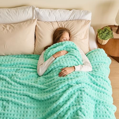 NEWCOSPLAY Super Soft Queen Blanket Aqua Premium Silky Flannel Fleece 3D Waffle Checkered Lightweight Bed Blanket All Season Use (Aqua, Queen(90"x90")) - color: Aqua, size: Queen(90"x90")